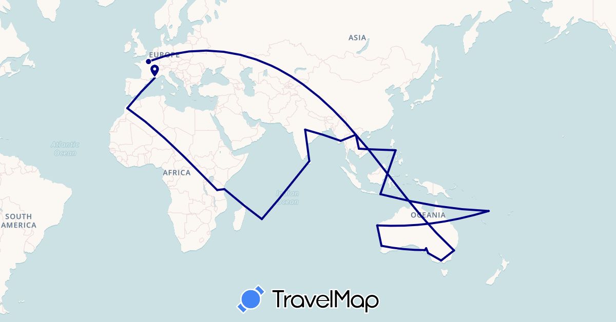 TravelMap itinerary: driving in Australia, France, Indonesia, India, Cambodia, Laos, Sri Lanka, Morocco, Myanmar (Burma), Mauritius, Philippines, Tanzania, Vietnam, Vanuatu (Africa, Asia, Europe, Oceania)